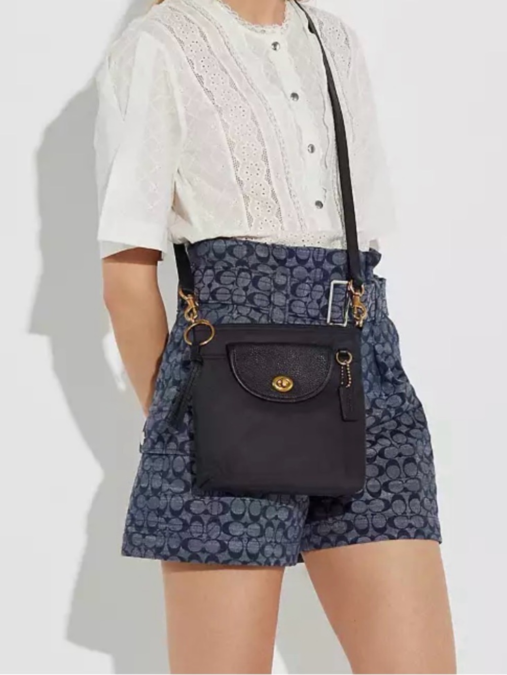 Coach Cargo Black Leather & Nylon Turnlock Crossbody Bag